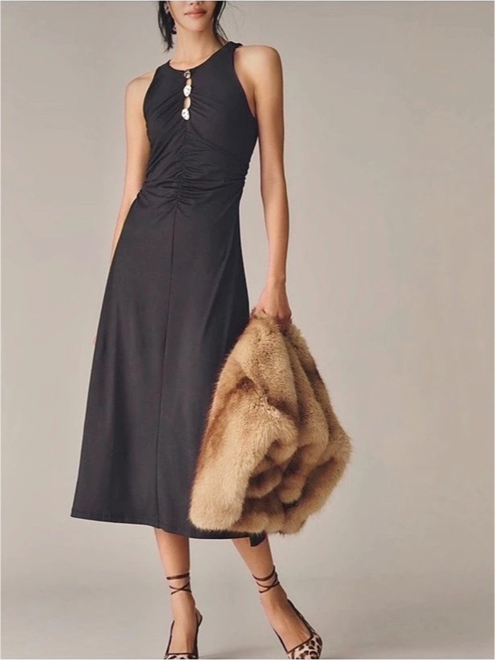 By Anthropologie Sleeveless Hardware Ruched Midi Dress — Black